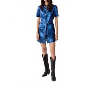 NEW LANHTROPY franca metallic linen dress in dark blue